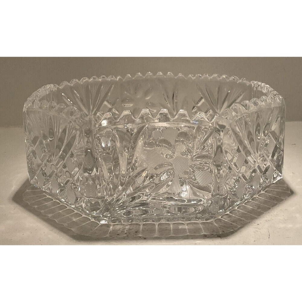 Irena Poland 24% Lead Crystal Hand Cut Glass Octagonal Bowl Vintage